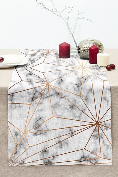 Realhomes Gold Geometric Shapes Specially Designed Stitched Raschel Knitted Runner on Marble Floor