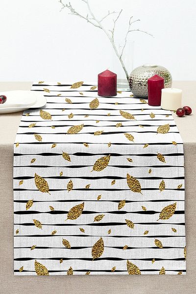 Realhomes Black and White Background Gold Leaf Patterned Digital Printed Modern Stitched Raschel Knitted Runner