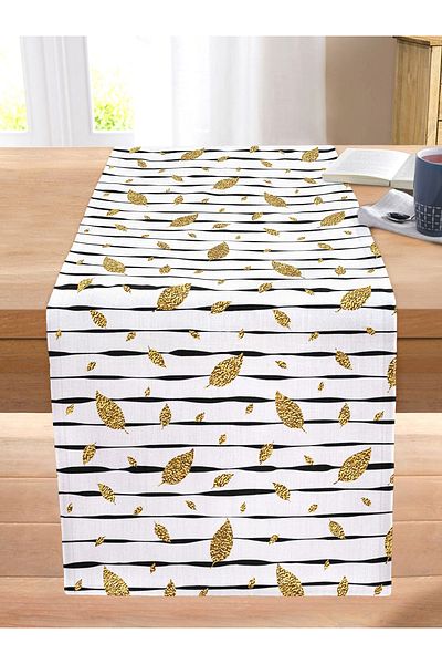 Realhomes Black and White Background Gold Leaf Patterned Digital Printed Modern Stitched Raschel Knitted Runner