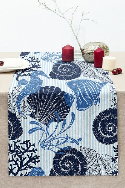 Realhomes Blue Sea Creatures Themed Digital Printed Modern Stitched Raschel Knitted Runner
