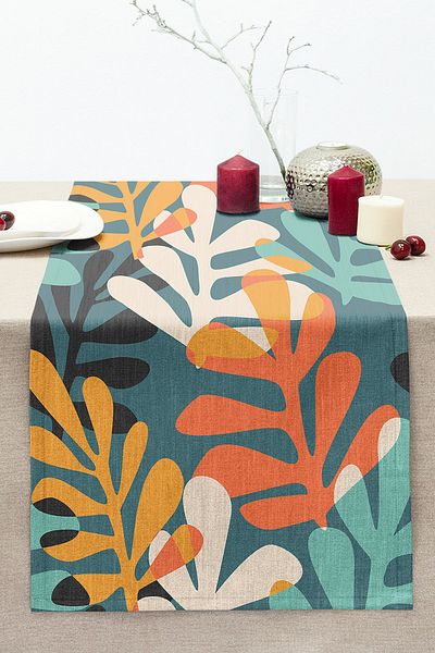 Realhomes Digital Printed Modern Stitched Raschel Knitted Runner with Onedraw Drawing Leaf Motif on Colorful Background