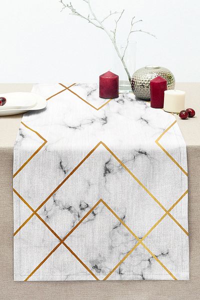 Realhomes Marble Floor Gold Detail Striped Digital Printed Stitched Raschel Knitted Runner