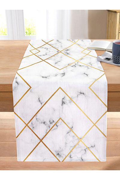 Realhomes Marble Floor Gold Detail Striped Digital Printed Stitched Raschel Knitted Runner
