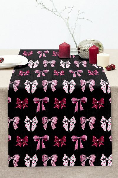 Realhomes Black Background Pink Ribbon Design Digital Printed Decorative Stitched Raschel Knitted Runner