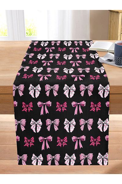 Realhomes Black Background Pink Ribbon Design Digital Printed Decorative Stitched Raschel Knitted Runner