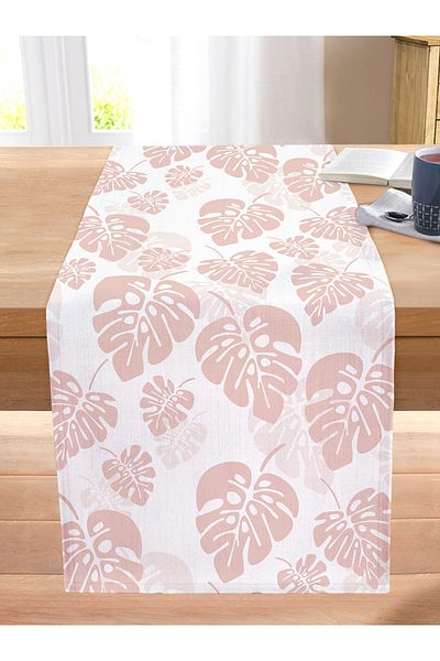 Realhomes Digital Printed Modern Stitched Raschel Knitted Runner with White Leaf Pattern on Pastel Background
