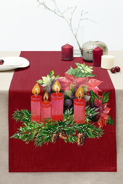 Realhomes Claret Red Floor Pine Leaf Candle Design Digital Printed Decorative Stitched Raschel Knitted Runner