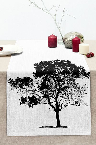 Realhomes Decorative Nature Drawing Tree Motif Stitched Raschel Knitted Runner
