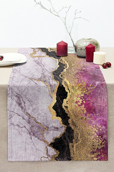 Realhomes Plum White Gold Patterned Modern Stitched Raschel Knitted Runner