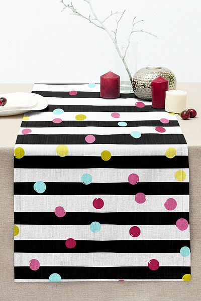 Realhomes Colorful Polka Dot Digital Printed Modern Stitched Rahel Knitted Runner with Horizontal Stripes on White Background