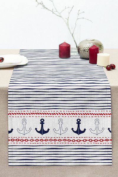 Realhomes Digital Printed Modern Stitched Raschel Knitted Runner with Colorful Striped Anchor Pattern on White Background