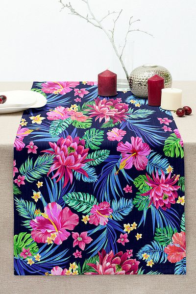 Realhomes Special Design Digital Printed Modern Stitched Raschel Knitted Runner with Tropical Patterns on Black Background
