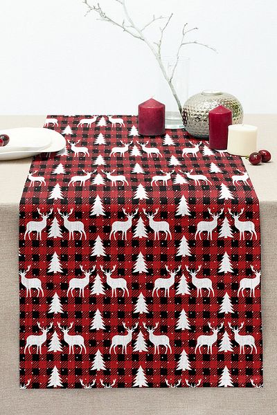 Realhomes Red Plaid Patterned Deer Motif Digital Printed Modern Stitched Raschel Knitted Runner