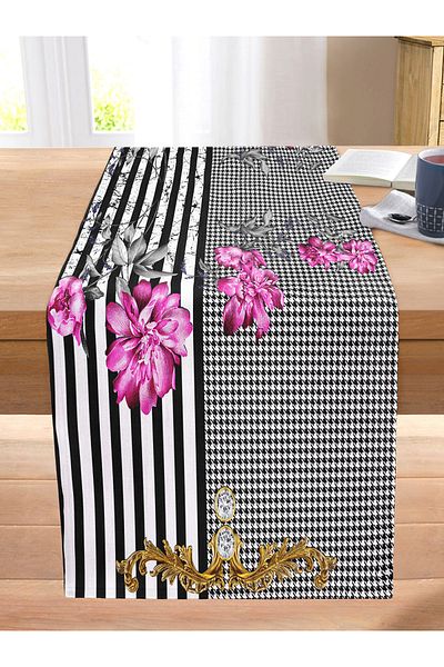 Realhomes Striped Goose Footed Special Design Digital Printed Modern Stitched Raschel Runner with Flower Patterns on the Floor