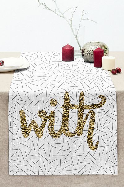 Realhomes Gold Colored With Written Digital Printed Modern Stitched Raschel Knitted Runner With White Background