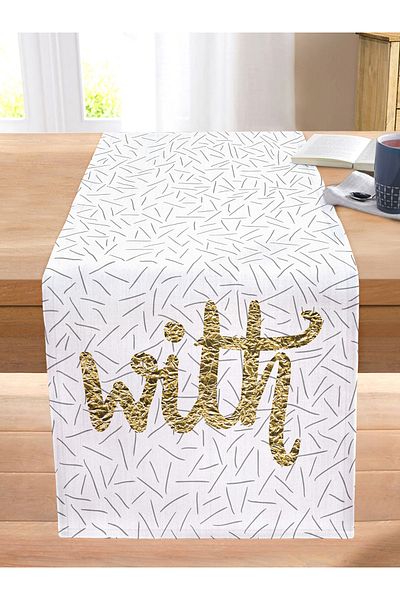 Realhomes Gold Colored With Written Digital Printed Modern Stitched Raschel Knitted Runner With White Background