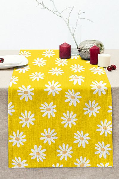 Realhomes Yellow Background Daisy Patterned Digital Printed Decorative Stitched Raschel Knitted Runner