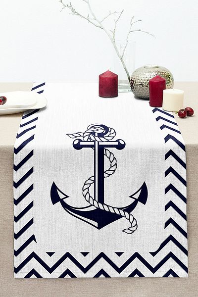 Realhomes Digital Printed Modern Stitched Raschel Knitted Runner with Geometric Drawing Anchor Pattern on White Background