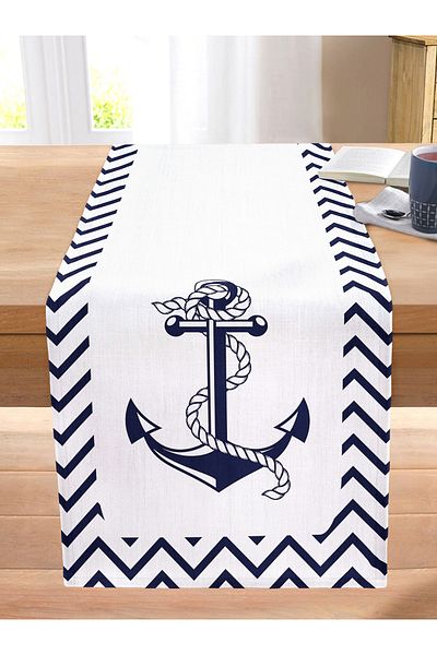 Realhomes Digital Printed Modern Stitched Raschel Knitted Runner with Geometric Drawing Anchor Pattern on White Background