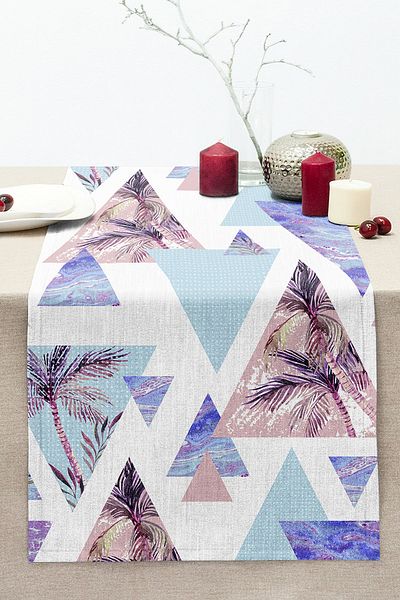 Realhomes Blue Geometric Shaped Palm Motif Digital Printed Stitched Raschel Knitted Runner