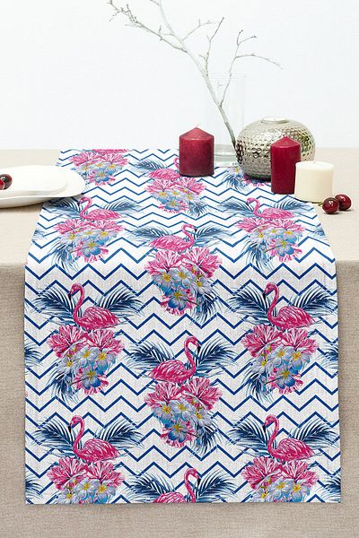 Realhomes Blue Zigzag Flamingo Motif Digital Printed Stitched Raschel Knitted Runner