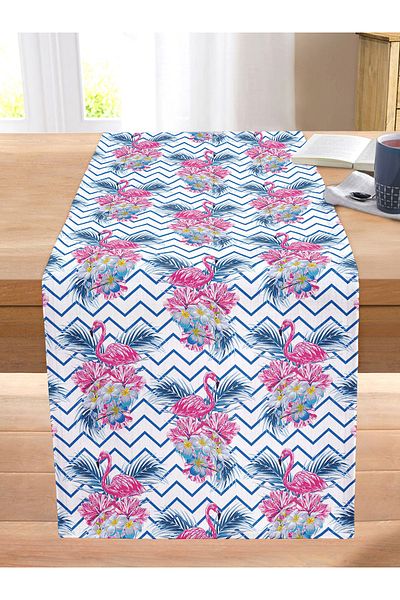 Realhomes Blue Zigzag Flamingo Motif Digital Printed Stitched Raschel Knitted Runner