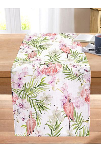 Realhomes Digital Printed Modern Stitched Raschel Knitted Runner with Flowers and Flamingo Motifs on White Background