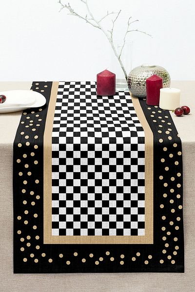 Realhomes Black Checkerboard Motif Digital Printed Stitched Raschel Knitted Runner