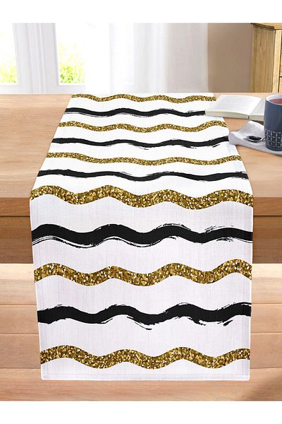 Realhomes Gold and Black Colored Lines Digital Printed Modern Stitched Raschel Knitted Runner on White Background