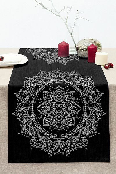Realhomes White Mandala Patterned Black Knitted Runner - Stitched Raschel Decorative