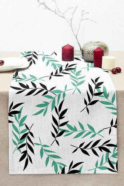 Realhomes Green Black Leaf Patterned Digital Printed Modern Stitched Raschel Knitted Runner