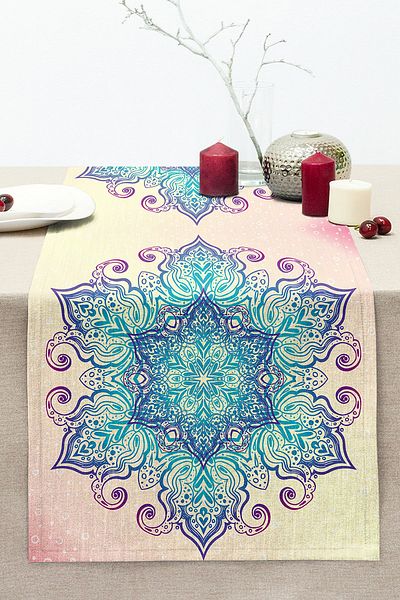 Realhomes Modern Stitched Raschel Knitted Runner with Blue Mandala Drawing on Pink Background