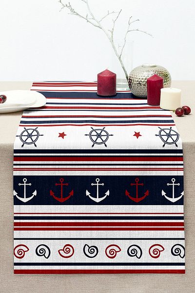 Realhomes Burgundy Navy Blue Colored Anchor Rudder Themed Digital Printed Modern Stitched Raschel Knitted Runner