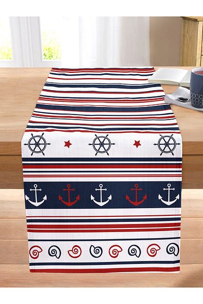 Realhomes Burgundy Navy Blue Colored Anchor Rudder Themed Digital Printed Modern Stitched Raschel Knitted Runner