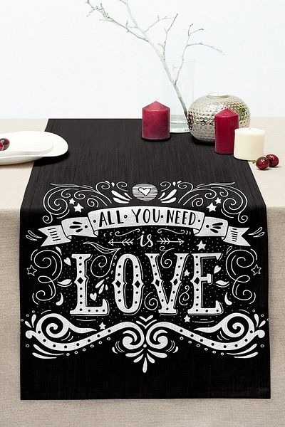Realhomes Black Love Digital Printed Decorative Stitched Raschel Knitted Runner