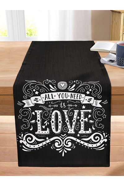 Realhomes Black Love Digital Printed Decorative Stitched Raschel Knitted Runner