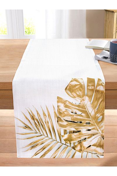 Realhomes 3D Gold Colored Leaves Themed Modern Stitched Raschel Knitted Runner