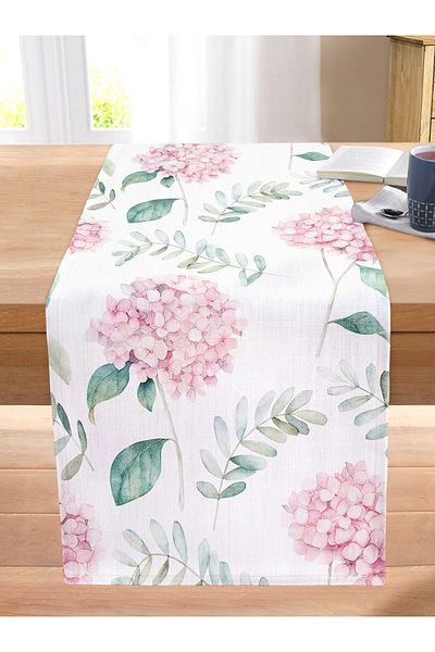 Realhomes Green Leaf Hydrangea Flower Digital Printed Modern Stitched Raschel Knitted Runner with White Background