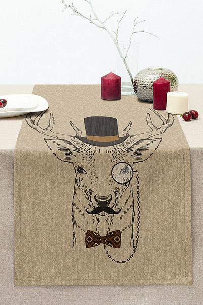 Realhomes Deer Patterned Digital Printed Decorative Stitched Raschel Knitted Runner