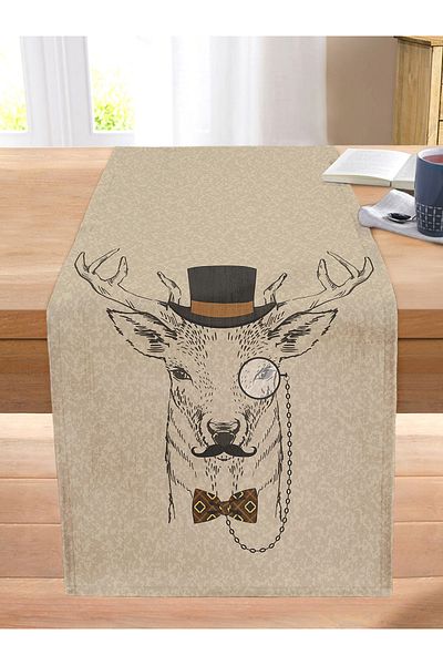 Realhomes Deer Patterned Digital Printed Decorative Stitched Raschel Knitted Runner