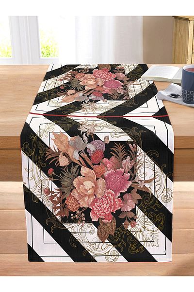 Realhomes Flowers on Black and White Background Special Design Digital Printed Modern Stitched Raschel Knitted Runner