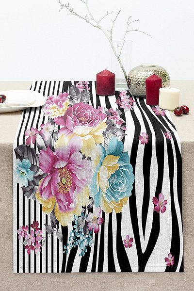 Realhomes Special Design Digital Printed Modern Stitched Raschel Runner with Flower Pattern on Black and White Zebra Background