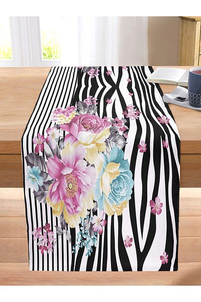 Realhomes Special Design Digital Printed Modern Stitched Raschel Runner with Flower Pattern on Black and White Zebra Background