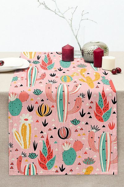 Realhomes Digital Printed Modern Stitched Raschel Knitted Runner with Cactus Pattern on Colorful Background