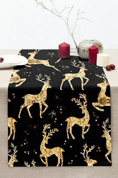 Realhomes Gold Detailed Deers Patterned Modern Stitched Raschel Knitted Runner