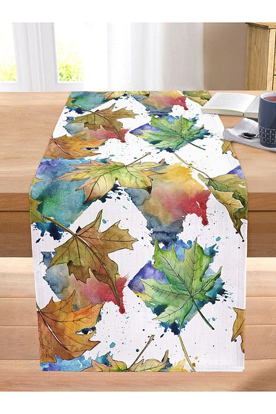 Realhomes Autumn Leaf Patterned Digital Printed Modern Stitched Raschel Knitted Runner on White Background