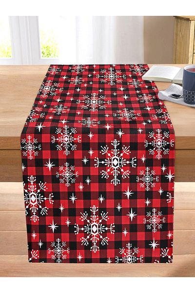 Realhomes Black and White Plaid Patterned Gold Gilded Decorative Stitched Raschel Knitted Runner