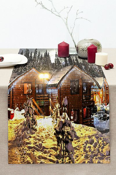 Realhomes Snowy House Scenery Digital Printed Decorative Modern Stitched Raschel Knitted Runner
