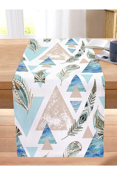 Realhomes Feather Motif Geometric Shapes Digital Printed Stitched Raschel Knitted Runner