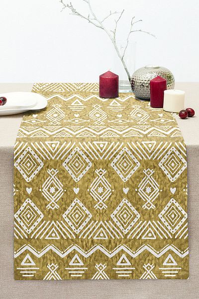 Realhomes Digital Printed Modern Stitched Raschel Knitted Runner with White Bohemian Drawing on Gold Background